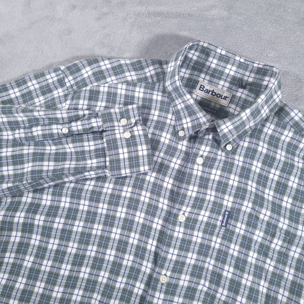 Barbour Shirt Mens L Green Plaid Eco 3 Flannel Tailored Fit Button Down